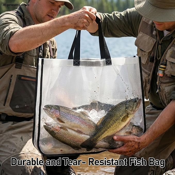 3-In-1 Fish Tote Fishing Tournament Weigh In Bag Fish Thick Durable Clear Poly Mesh Bag Leakproof Tear Resistant Tote 24'' x 18.5'', w/ 9" Floating Fish Lip Gripper & Hook Remover