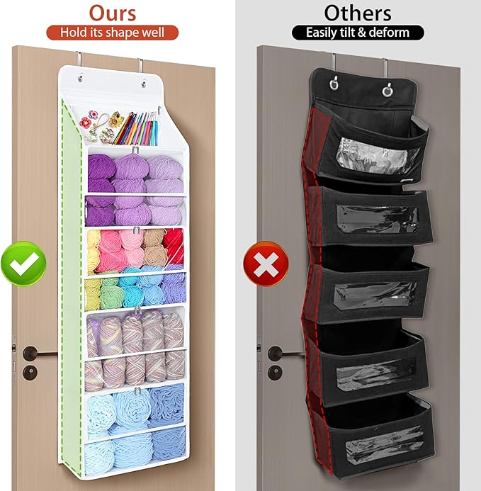 Univivi Hanging Yarn Storage Organizer with 5 Zipper Closure Compartments, Large Capacity Knitting Organizer Storage, Over the Door Hanging Yarn Holder for Knitting Needles,Crochet Hooks (Clear White)
