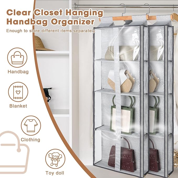 Silkfly 2 Pack Hanging Purse Organizer for Closet Clear Handbag Storage Hanger with Zipper Holder over The Door Wardrobe Tote Bag Storage Holder for Bedrooms Living Room(Gray)