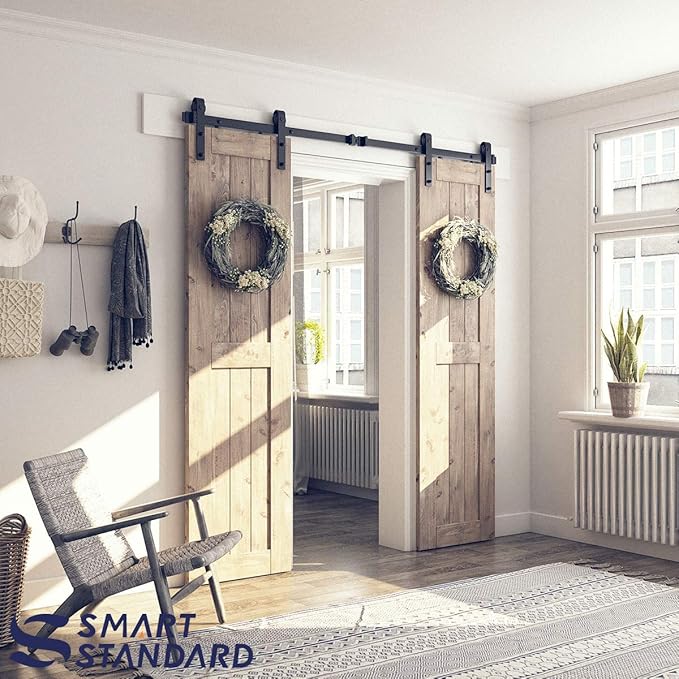 SMARTSTANDARD 6.6 FT Double Barn Door Hardware Kit, Sliding Door Track-Smoothly and Quietly -Includes Detailed Installation Fit 20" Wide Doorpanel (J Shape Hanger) Black