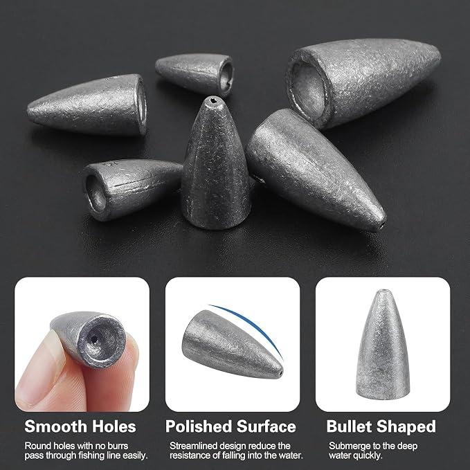 Fishing Weights 30pcs Bullet Sinkers Worm Weights for Bass Fishing Carolina Rig Texas Rig Slip Sinker Sliding Weights Lead Fishing Weights Saltwater Freshwater