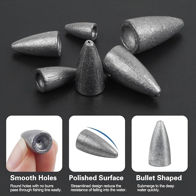 Fishing Weights 30pcs Bullet Sinkers Worm Weights for Bass Fishing Carolina Rig Texas Rig Slip Sinker Sliding Weights Lead Fishing Weights Saltwater Freshwater