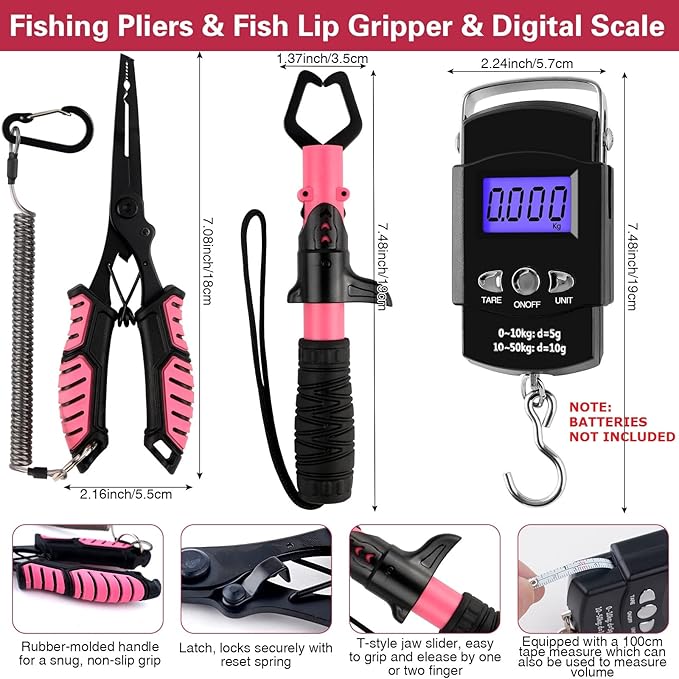 3-Layer Pink Fishing Tackle Box with Tackle Included, Fishing Tools Kit Includes Pliers Fish Lip Gripper Scale Crankbait Spinnerbaits Soft Baits Hooks, Ideal Gift for Angler Saltwater Freshwater