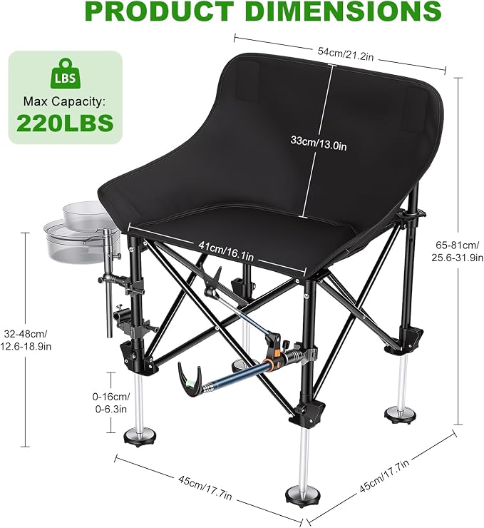 Folding Fishing Chair with Complete Accessories, Portable Camping Chair for Outdoor Fishing, 220LBS Load-Bearing, Non-Slip All-Terrain Design with Storage Bags, Carbon Steel Fishing Chair