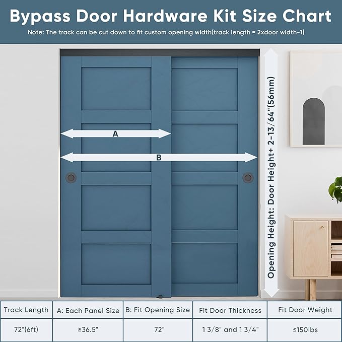 JUBEST 6FT Heavy Duty Bypass Door Hardware with Finger Pulls,Sturdy Aluminum Sliding Closet Door Track for 2 door System,Quietly and Smoothly,Fit Door Thickness 1 3/8" or 1 3/4",Easy to Install, Black