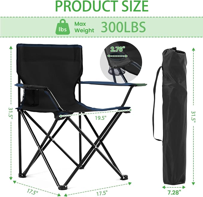 2 Pack Lightweight Folding Camping Chairs, Outdoor Lawn Beach Chair with Cup Holder & Carry Bag for Travel, Fishing, Picnic, Backyard, Hiking (Black, Medium)