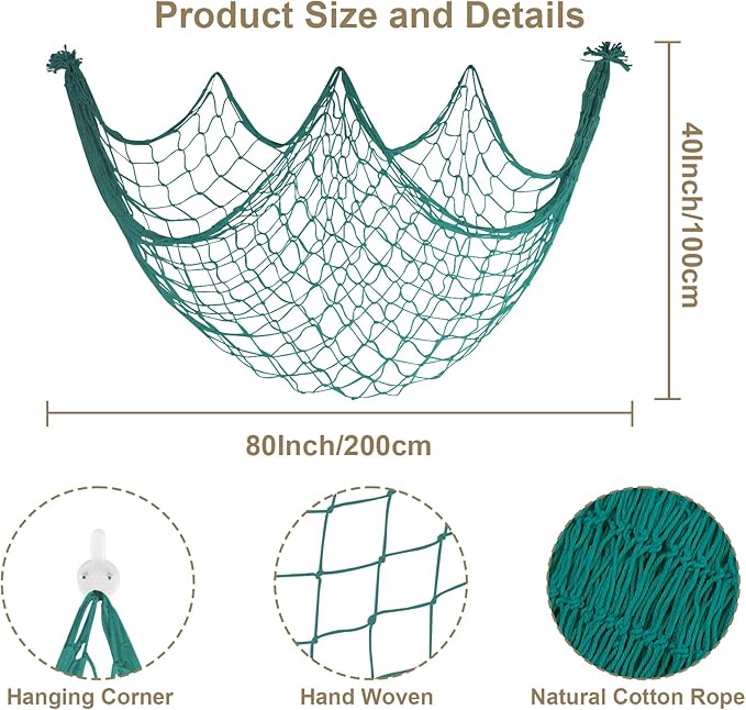 Decorative Fishing Net for Party - 80x40 in Aqua Fish Net Decor Mermaid Net Under The Sea Hawaiian Pirate Party Decorations, 3mm Natural Cotton Nautical Netting Wall Table Ocean Beach Decor