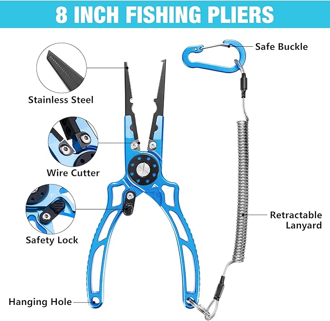 FLISSA Fishing Pliers, Safety Lock Design Fish Pliers Saltwater, Aluminum Hook Remover, Titanium 6Al-4V Jaw and Tungsten Carbide Line Cutters, Sheath & Lanyard, Fishing Gear Gifts for Men