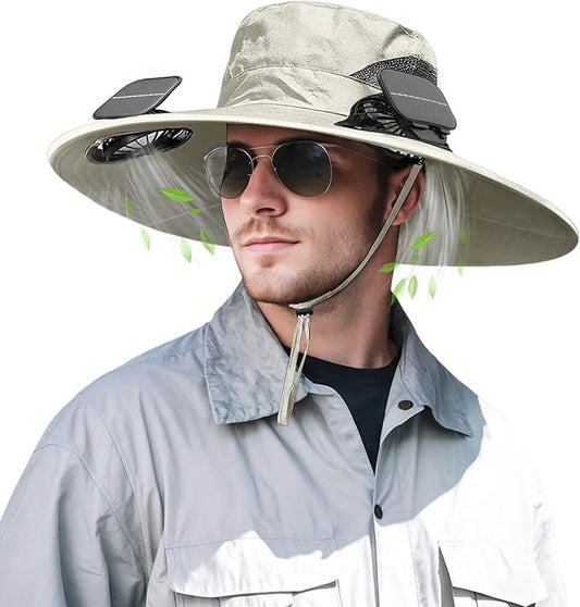 Solar Powered Fan Hat for Men Women Wide Brim Hat with 2 Fans UPF 50+ Outdoor Fishing Beach Sun Hat