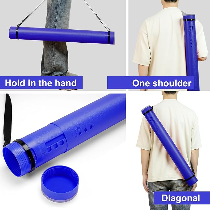 DEWEL Poster Tube, Waterproof Poster Holder Plastic Expandable Poster/Art/Document Storage Tube 24.5" to 40", Adjustable Poster Storage Blueprint Holder with Carrying Strap (Dark Blue-Large Size)
