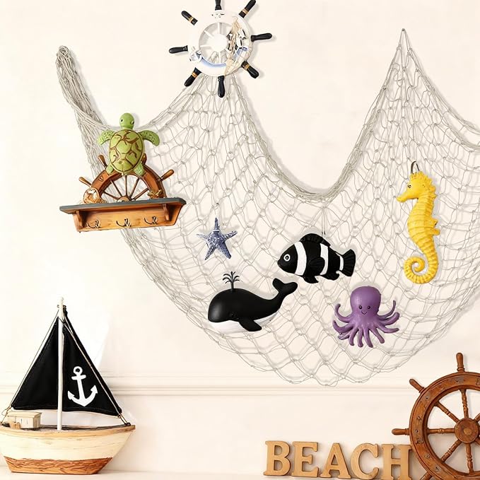Decorative Fishing Net 2 Pack, 5x10 ft Large Beige Fish Net Decor for Wall, Photo Display, Nautical Mermaid Pirate Ocean Themed Beach Hawaii Under the Sea Party Decorations