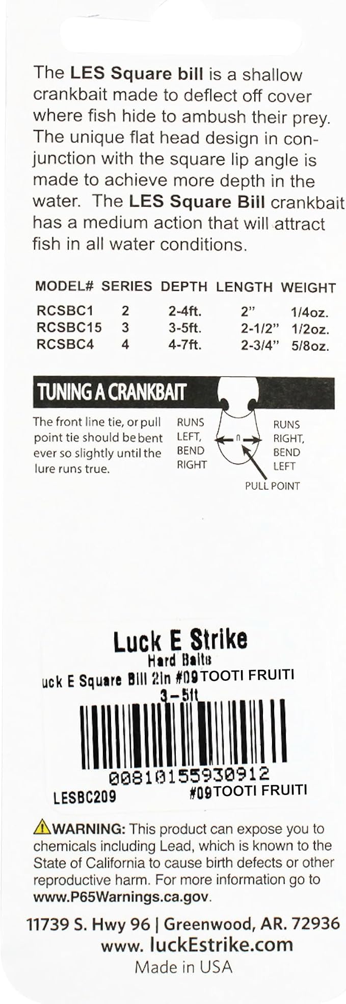 Luck E Strike 2 Inch Square Bill Crankbait, Made in The USA