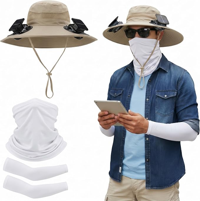 Syhood Solar Powered Fan Hat Neck Gaiter Arm Sleeves Sun Bucket Hat with Fan Cooling Wide Brim Hats for Fishing Hiking
