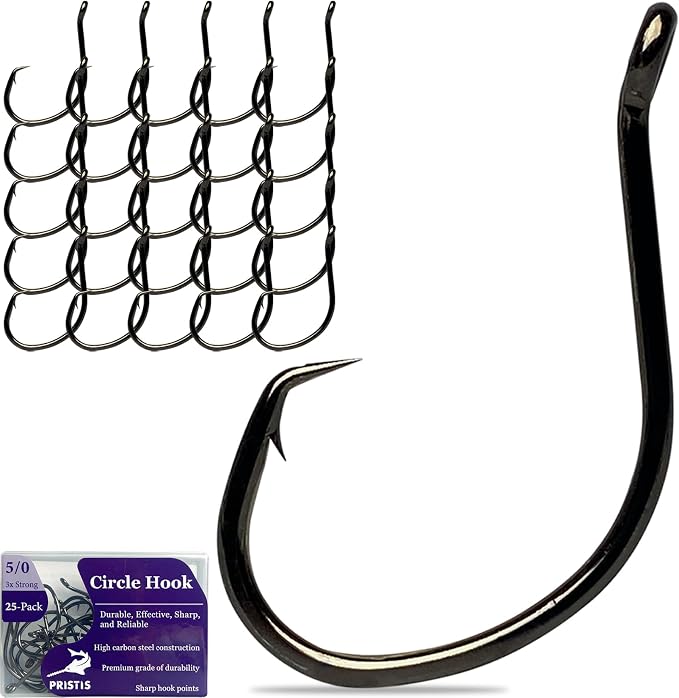 Pristis 25 Pack High Carbon Steel Fishing Hooks, Reinforced EWG Circle Octopus Round Bend 60 Degree Wide Gap Strong Barbed Worm Fish Hook Jig Bait Rig for Saltwater Freshwater Bass Tuna Walleye Trout