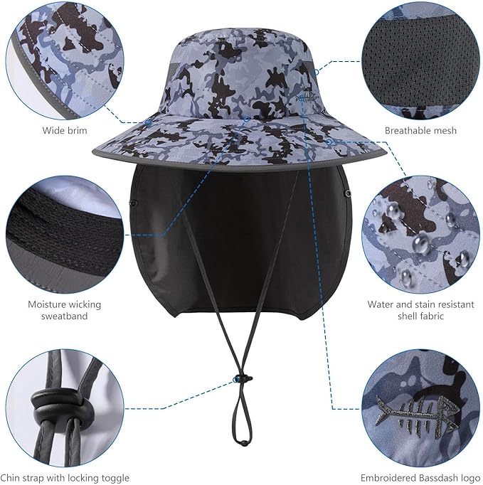 BASSDASH UPF 50+ Breathable Sun Hat with Removable Face Cover and Neck Flap Wide Brim Bucket Hat for Fishing Hiking Men Women