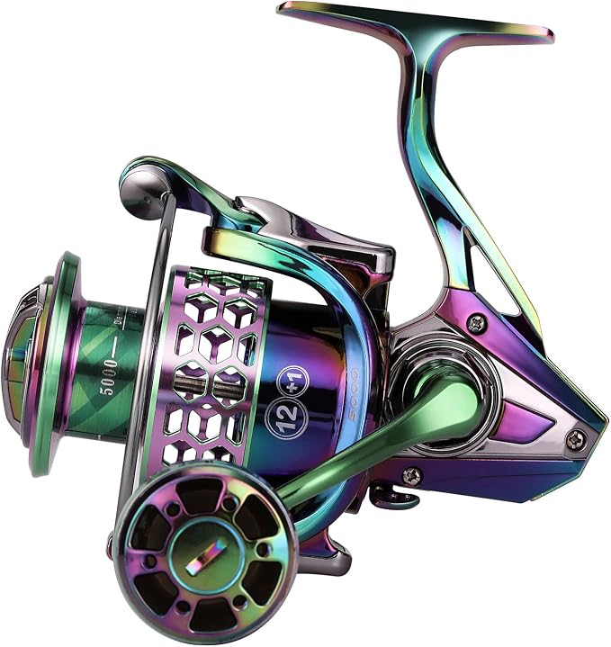Sougayilang Fishing Reel, Colorful Aluminum Frame Spinning Reels with - 12+1 Stainless BB, Oversize Aluminum Handle for Saltwater or Freshwater Fishing