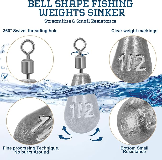 Landhoow Bell Sinkers Weights Casting Swivel Bell Sinkers Fishing Weights Rig for Ocean Saltwater Freshwater Surf Bass Fishing Casting Gear Tackle