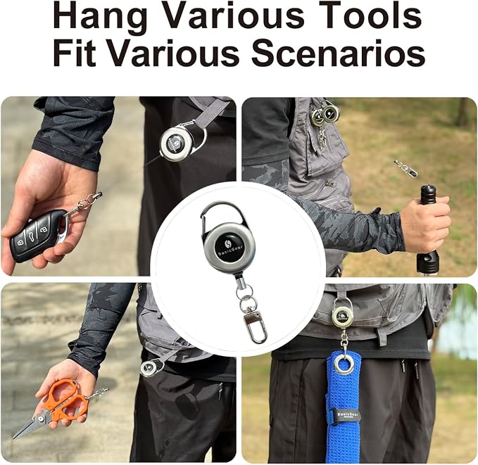BasicGear Zinger Retractable Keychain 2 Pack – Brushed Metal with 24" Cord, Heavy Duty Badge Reel for Fishing & Outdoors