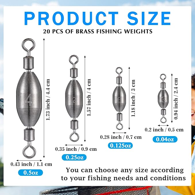 Seenelling 20 Pcs Brass Fishing Sinker Swivel Fishing Weights Saltwater Bullet Sinkers Drop Shot Weight Egg Sinkers with Swivel Rolling Removable Freshwater