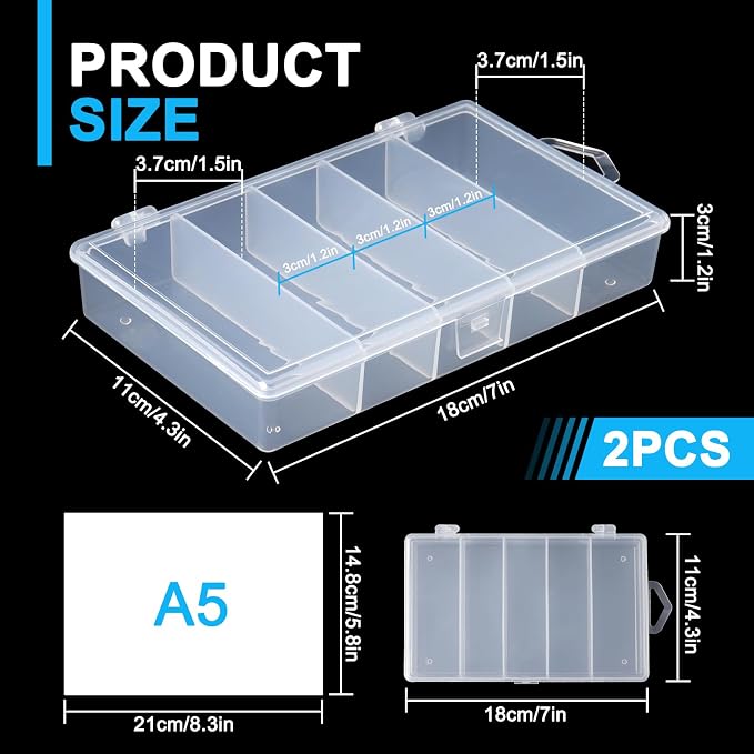 2 Pack 5 Grid Clear Plastic Fishing Tackle Storage Box Jewelry Making Findings Organizer Box Container Case Utility Box,7x4.3x1.2inch