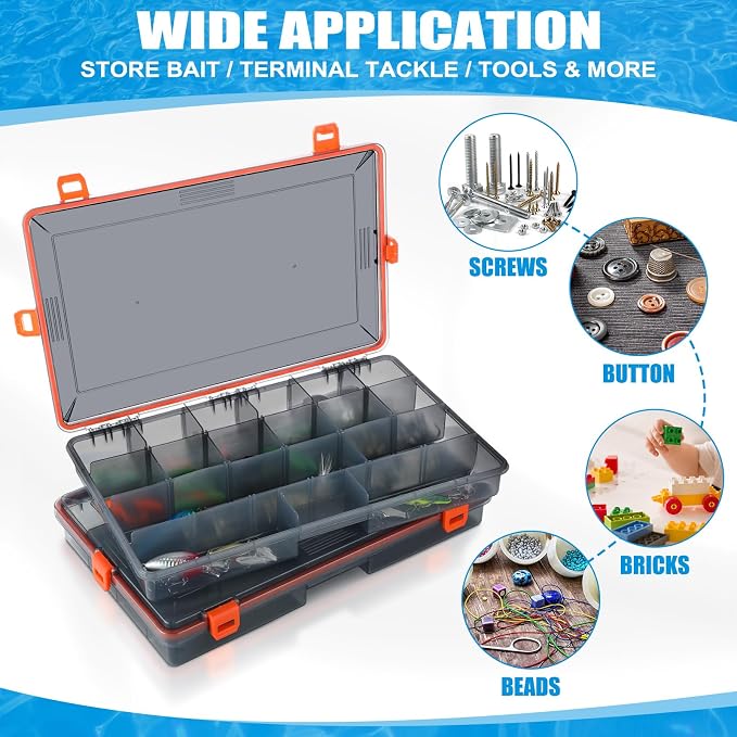 Wonderjune 6 Pack Fishing Tackle Boxes Waterproof 3600 and 3700 Tackle Trays with Removable Dividers Plastic Storage Organizer Bait Vault Camouflage Box for Freshwater Saltwater (Orange,3700)