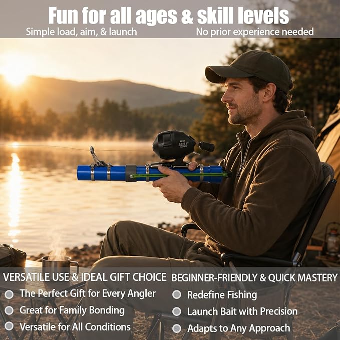 Fishing Catapult Rod, Portable Catapult Fishing Pole with Reel & Metal Lure, Complete Casting Kit with 2 Latex Tubes & Carry Bag for Saltwater and Freshwater Fishing Gear