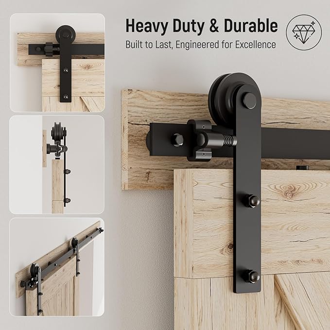 CCJH 12.6FT Single Sliding Barn Door Hardware Kit Black Carbon Steel Hanger Flat Track System for Closet Kitchen 1 Door 75 inch Wide, Smoothly and Quietly I Shape Roller