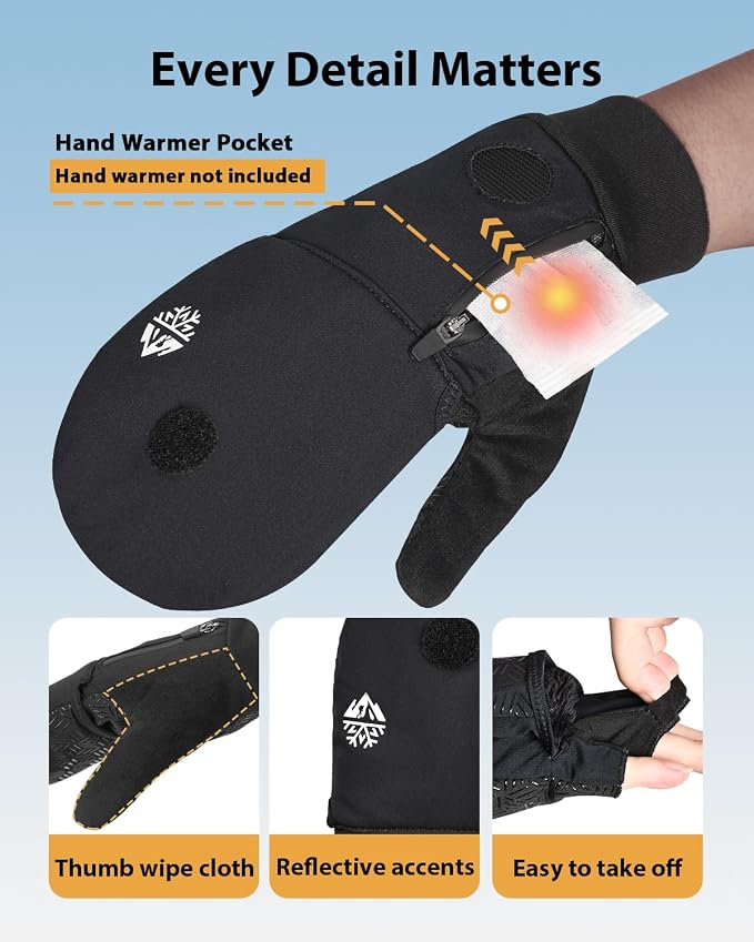 RIGWARL Winter Fingerless Gloves for Men Women, Convertible Mittens with Hand Warmer Pocket, Running Mittens for Photograph