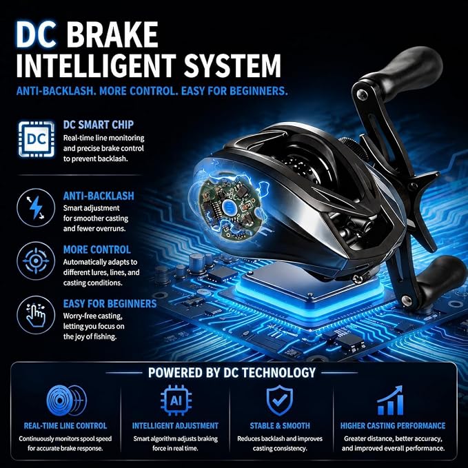 DC Baitcasting Reel Combo with Smart Digital Brake, Anti-Backlash, USA 250th Anniversary Design Fishing Rod, Signature DC Sound, Easy-Control 7.1:1 Baitcaster for Beginners & Bass Fishing