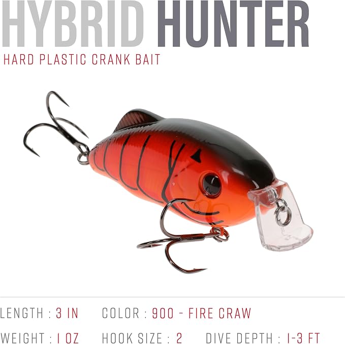 Strike King Hybrid Hunter Shallow Jr. Fishing Lure, Shallow Diving Crankbait, 90-Degree Bill, 3D Eyes, Loud Rattle, Dives 1 to 3-Feet,Size 4 & 6 Treble Hooks
