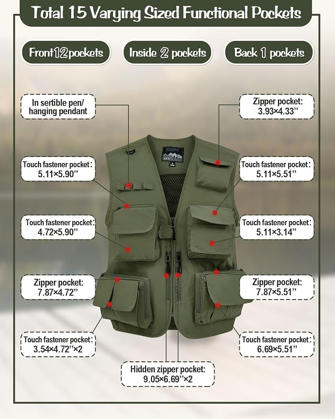 Shihanee 2 Pcs Men's Fishing Vest Sun Hat Multi Pocket Safari Vest for Outdoor Hiking Summer Travel
