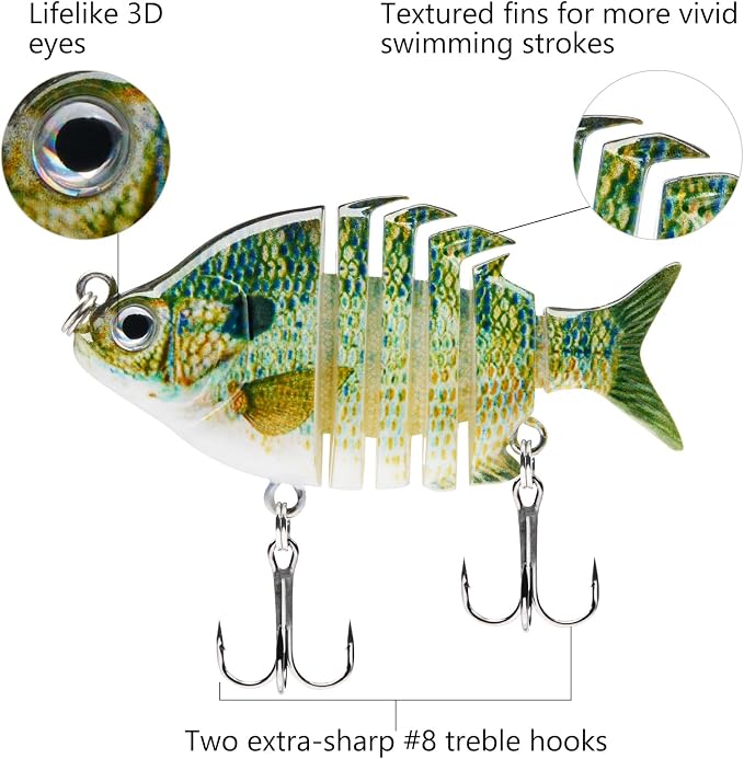 Bassdash SwimPanfish 0.34oz Hard Swimbaits Multi Jointed Topwater Trout Bass Fishing Crank Lure for Freshwater and Saltwater