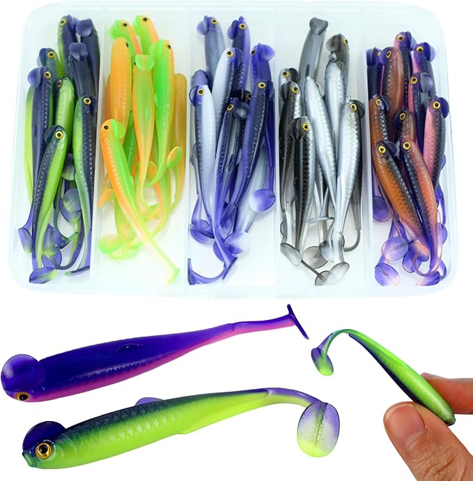 Fishing Soft Plastic Lures, Paddle Tail Swim Baits for Bass Fishing,Paddle Tail Swimbaits for for Bass Trout Walleye Lures, 30/50pcs Soft Plastic Baits with Box
