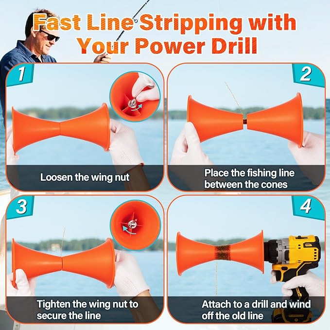 Power Drill Fishing Line Stripper & Spooler Tool, Fast Line Removal & Rewinding, Tangle-Free Line Management, Aluminum & Stainless Steel, Compact Portable Design for Fishing Reels & More
