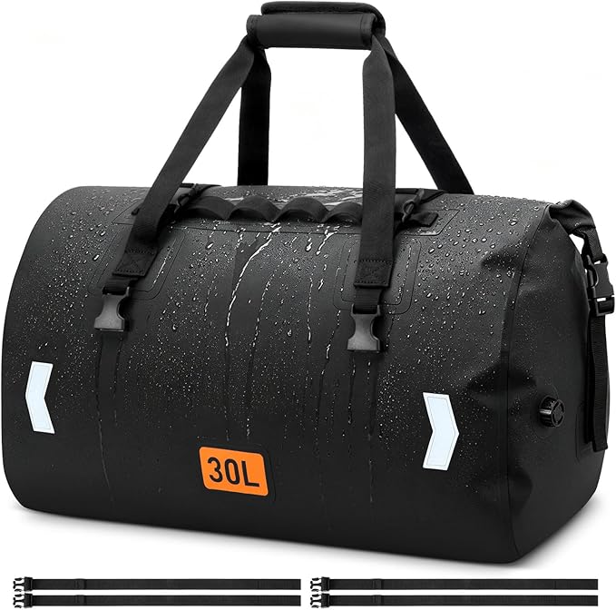 OCKLILY Waterproof Motorcycle Dry Bag, 30L Roll-top Motorcycle Tail Bag with Air Valve & Quick-fixed Straps, Travel Duffle Bags for Kayaking Paddle Boarding Rafting Boating Camping Riding - Black