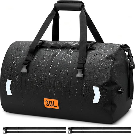 OCKLILY Waterproof Motorcycle Dry Bag, 30L Roll-top Motorcycle Tail Bag with Air Valve & Quick-fixed Straps, Travel Duffle Bags for Kayaking Paddle Boarding Rafting Boating Camping Riding - Black