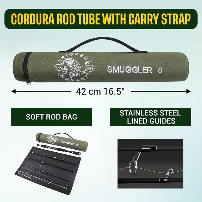 Rigged and Ready Smuggler Series™ Travel Fishing Rods. Super Compact, 1 Spinning Rod and Reel Combo, 4 Spin, 1 Casting Rod + Cases. 2, 3 or 4 Tips. Spin and General Freshwater - Saltwater Fishing