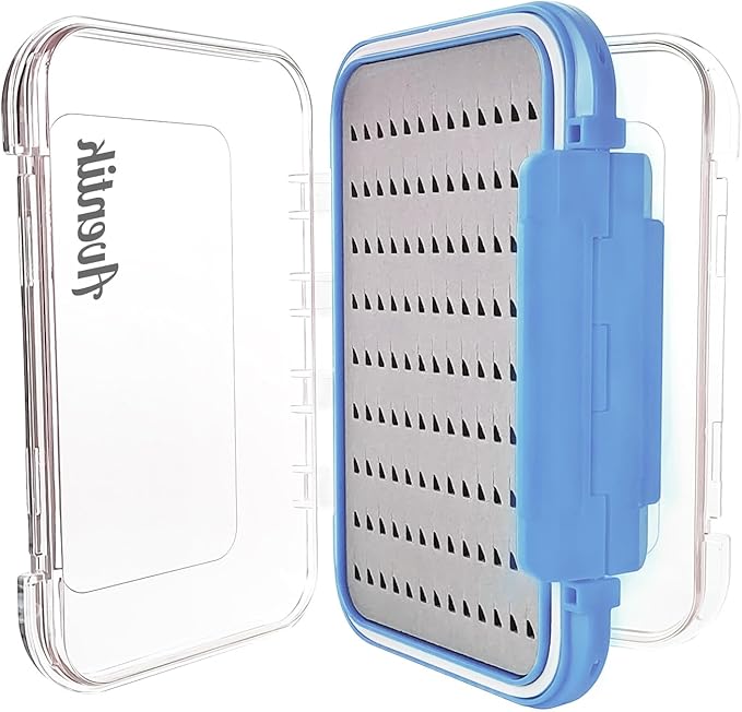 Aventik Waterproof Clear Fly Box Double Sides Floating Lightweight Fly Fishing Case Large Capacity Grip Foam Nymph Wet Dry Flies Lure Box(H18 Blue, SIZE B:6.08X4X1.6inch)