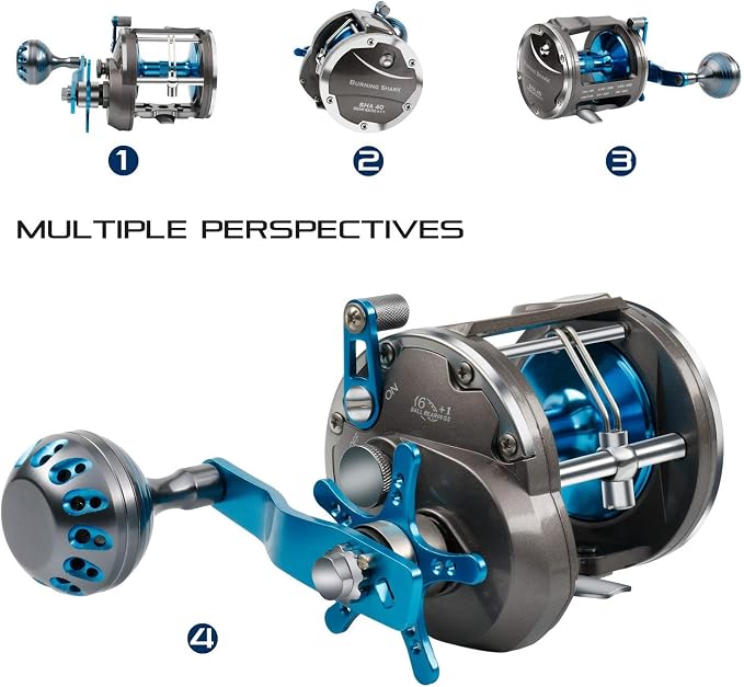 Burning Shark Trolling Reel Saltwater Level Wind Reels, Drag Reels Boat Fishing Ocean Fishing for Sea Bass Grouper Salmon