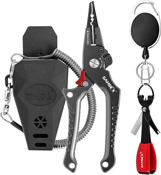 SAMSFX Aluminum Fishing Pliers Hook Remover Braid Line Cutter with Coiled Lanyard, Fly Fishing Knot Tying Tool & Retractors