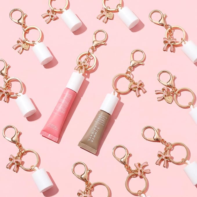 Nosiny 12 Pcs Coquette Lip Gloss Cap Keychain Bulk, Lip Balm Cap Keychain for Summer Pink Bow Party Favors for Women Girls Aesthetic Accessories