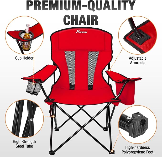 Camping Chairs for Adults 2 Pack, Folding Chair with 4-Can Cooler Bag & Cup Holder, Portable Heavy Duty Outdoor Chair for Camping, Beach, Lawn, Fishing, Red