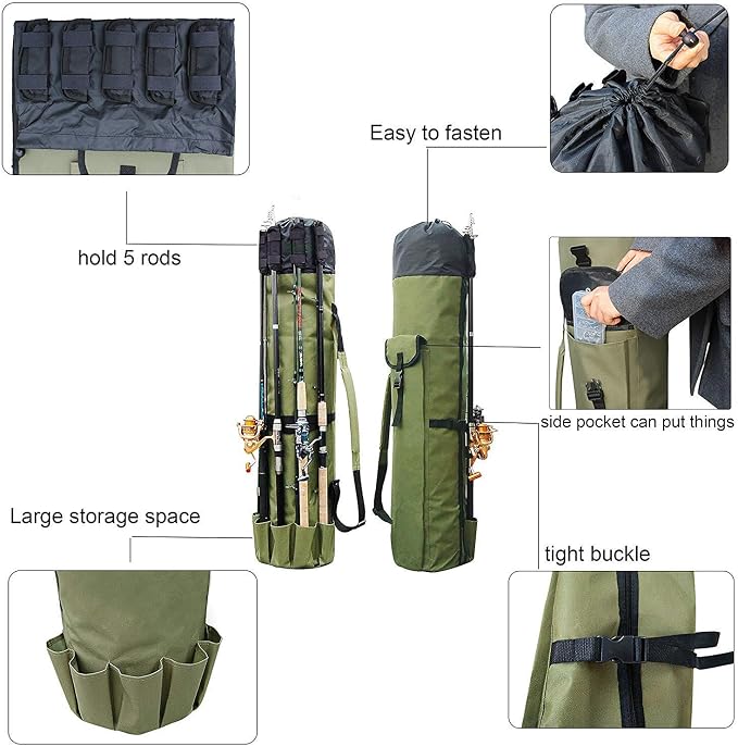 Allnice Durable Canvas Fishing Rod & Reel Organizer Bag Travel Carry Case Bag- Holds 5 Poles & Tackle