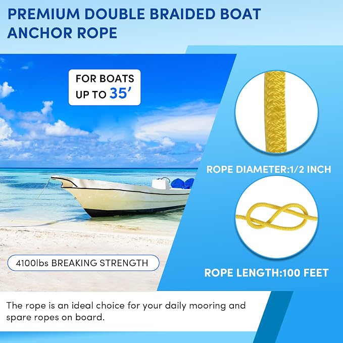Boat Anchor Rope 100 ft x 1/2 inch Yellow, Double Braided Anchor Line with Stainless Steel Thimble & Shackle, Marine Rope Ideal for Towing,Mooring,Decks,Anchoring,for Boats Up to 35'