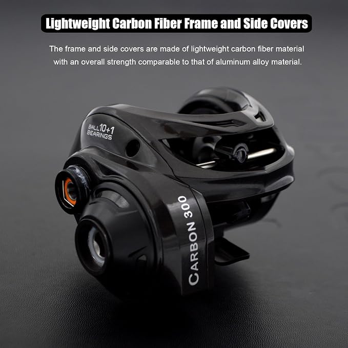 Carbon 300 Baitcasting Fishing Reel, High Line Capacity Baitcaster Reels, 6.3:1 Gear Ratio, 10+1 Stainless Steel Ball Bearings, 10 Button Magnetic Brakes, Carbon Fiber Frame and Side Covers