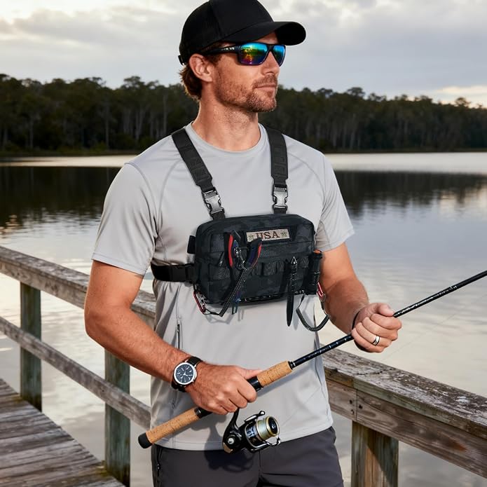 Outdoor Chest Bag for Men, Water-Resistant Fishing Chest Pack, Tactical Vest for Running, Cycling, Hiking
