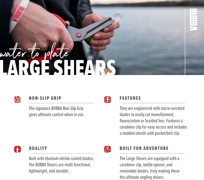 BUBBA Large Shears Fishing Tool With Micro-Serrated Blades for Braided Line - Clip Sheath Included