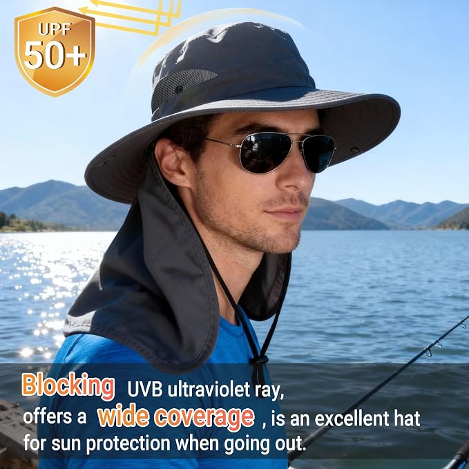 NPQQUAN Sun Hats for Men Women with Neck Flap UPF 50+ UV Protection Wide Brim Bucket Hat Safari Hiking Fishing Hats