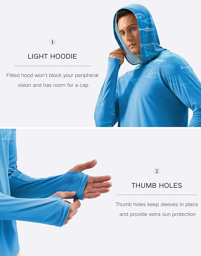 Pudolla Men's Sun Protection Hoodie Shirts UPF 50+ Rash Guard SPF Long Sleeve Fishing Shirt for Men Swim Hiking Boating