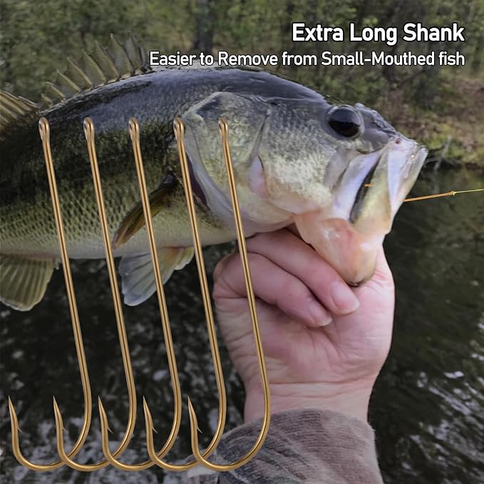 Dr.Fish 100 Pack Aberdeen Fishing Hooks Freshwater Hooks Extra Long Shank Bronze Light Wire Offset Live Bait Hooks Bass Crappie Walleye Panfish Bluegill Bream